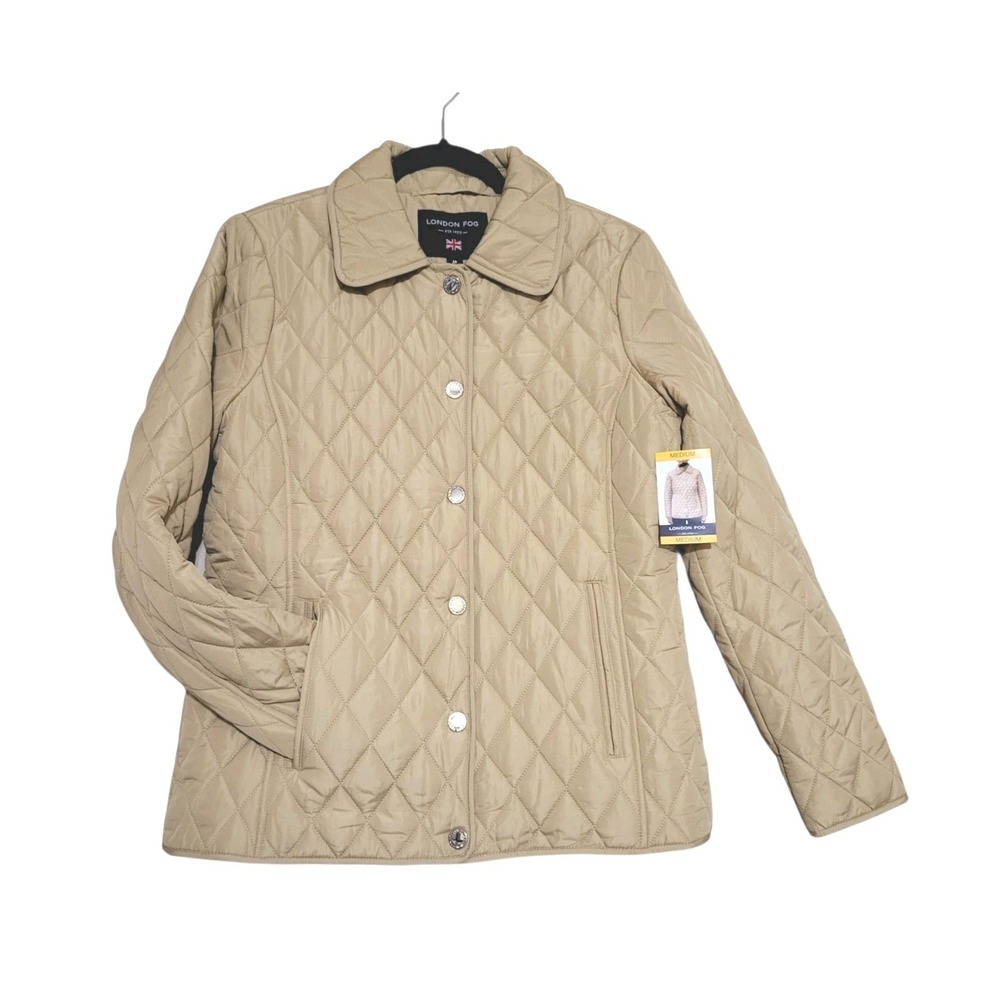 NEW Womens M London Fog Quilted Button-Up Jacket KHAKI Outdoors Packable Neutral